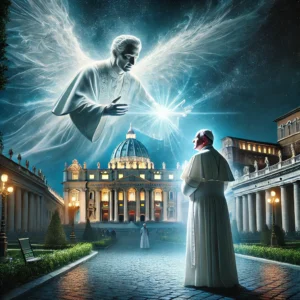 Representação realista de João XXIII nos jardins do Vaticano à noite, envolto por uma luz celestial misteriosa enquanto um ser radiante e angelical se comunica com ele. Ao fundo, a arquitetura imponente do Vaticano sob um céu estrelado adiciona um clima místico e enigmático à cena.