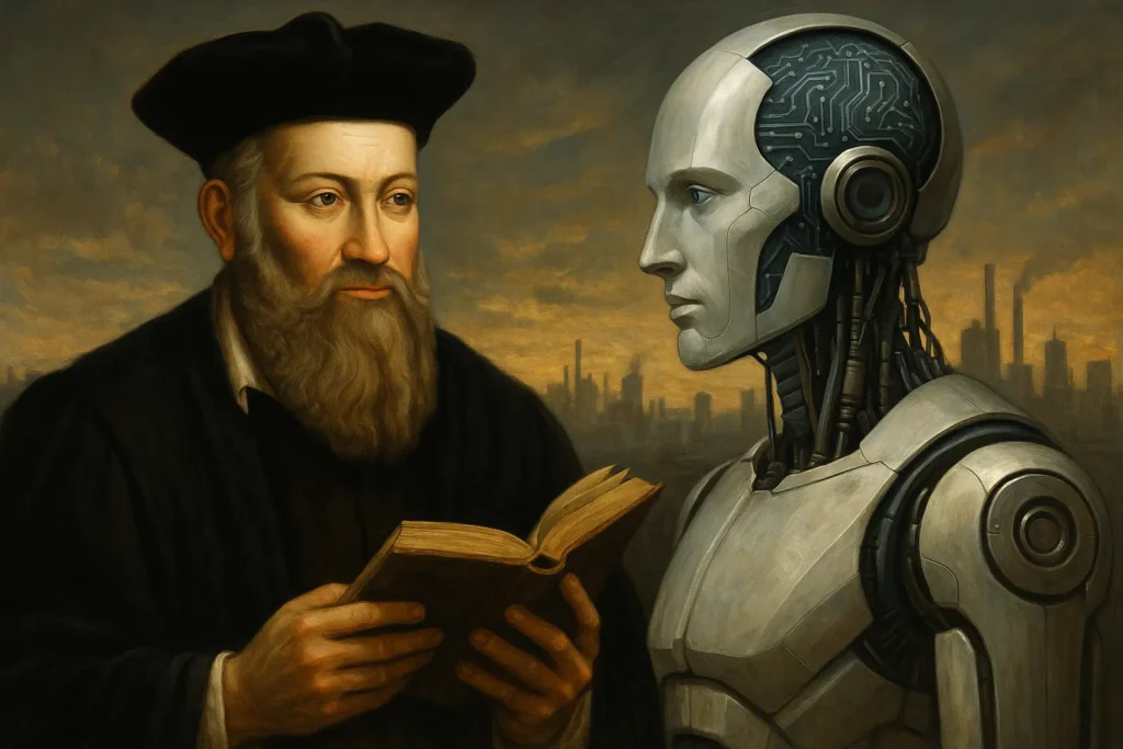 Nostradamus frente a um robô futurista representando a profecia da inteligência artificial na Quarta Revolução.