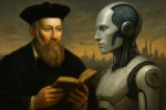 Nostradamus frente a um robô futurista representando a profecia da inteligência artificial na Quarta Revolução.