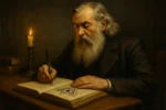 Homem idoso de barba longa escrevendo em livro com símbolo esotérico, representando Albert Pike e suas visões estratégicas e simbólicas do futuro.