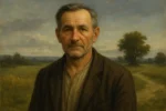 Retrato realista de Alois Irlmaier em cenário campestre, com expressão serena e roupa simples, representando sua vida modesta e espiritualidade.