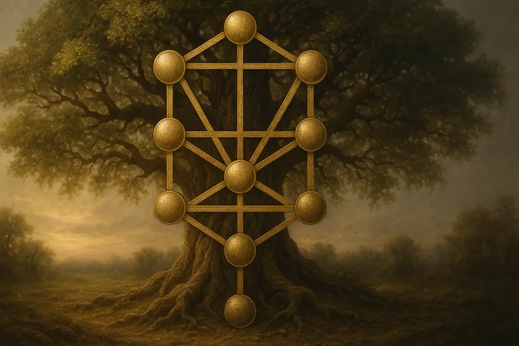 Imagem hiper-realista da Árvore da Vida representando as profecias da Cabala em uma paisagem mística ao entardecer