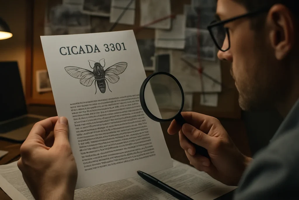 Pessoa analisando documento com o título Cicada 3301, códigos criptografados e ilustração de cigarra, em ambiente escuro com painéis investigativos ao fundo.
