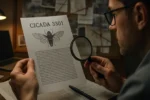 Pessoa analisando documento com o título Cicada 3301, códigos criptografados e ilustração de cigarra, em ambiente escuro com painéis investigativos ao fundo.