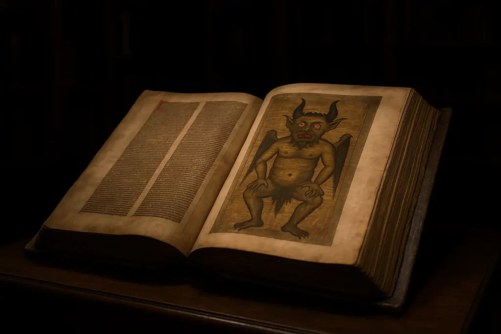 Códice Gigas aberto com a ilustração do Diabo, em uma biblioteca medieval.