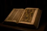 Códice Gigas aberto com a ilustração do Diabo, em uma biblioteca medieval.