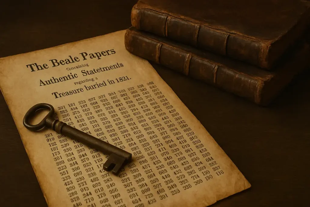 Documento criptografado dos Papéis de Beale ao lado de chave antiga e livros antigos, simbolizando o mistério histórico do tesouro oculto nos EUA.