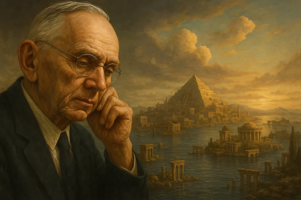 Retrato simbólico de Edgar Cayce diante das ruínas de Atlântida, evocando sabedoria espiritual e mistérios ancestrais.