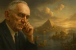Retrato simbólico de Edgar Cayce diante das ruínas de Atlântida, evocando sabedoria espiritual e mistérios ancestrais.