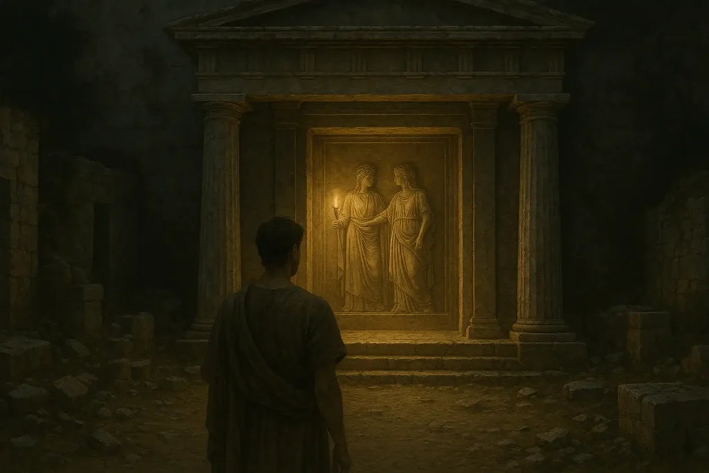Homem diante de templo antigo iluminado, com relevo de Deméter e Perséfone, representando os Mistérios de Elêusis e sua herança espiritual na Grécia Antiga.