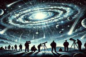 Ilustração de um fenômeno celestial misterioso no céu noturno, com luzes brilhantes e astrônomos observando o evento raro com fascinação.