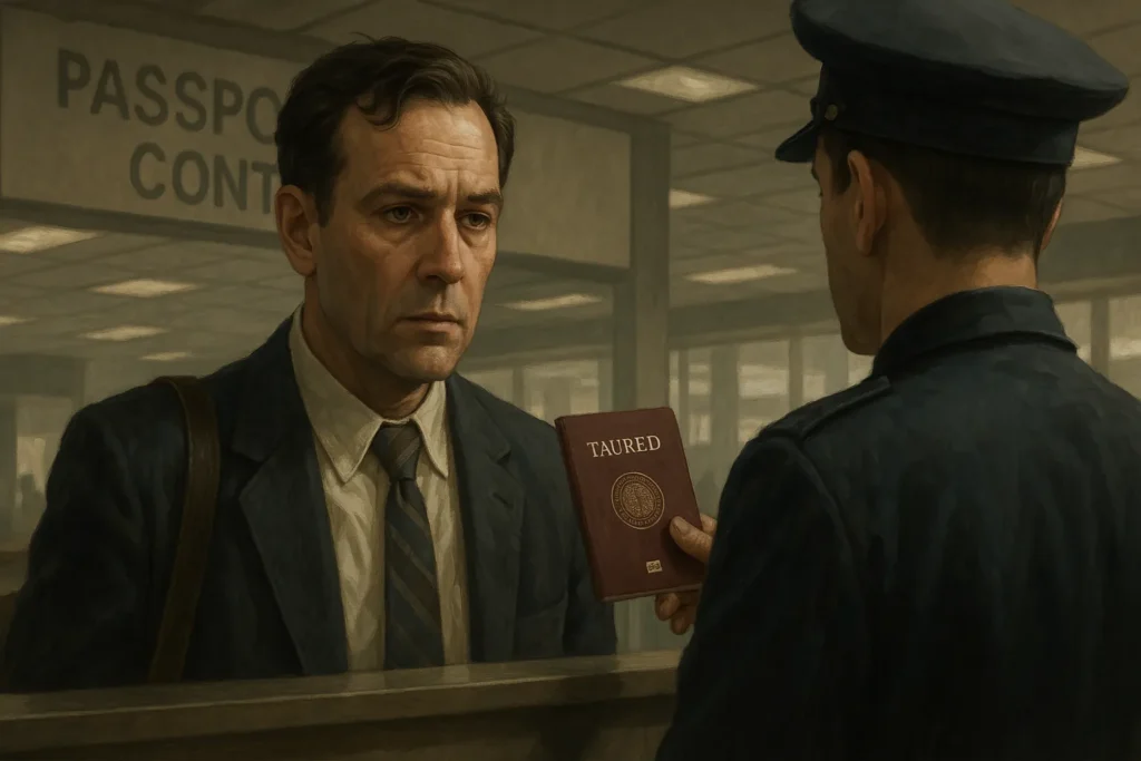 Homem misterioso com passaporte de Taured em um aeroporto, representando o enigma interdimensional do viajante de um país inexistente.