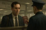 Homem misterioso com passaporte de Taured em um aeroporto, representando o enigma interdimensional do viajante de um país inexistente.