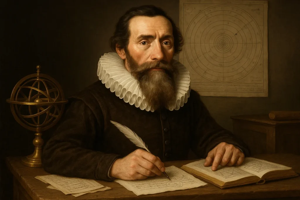 Retrato hiper-realista de Johannes Kepler escrevendo em sua mesa com instrumentos astronômicos e um mapa celeste ao fundo, simbolizando sua busca pela harmonia cósmica.