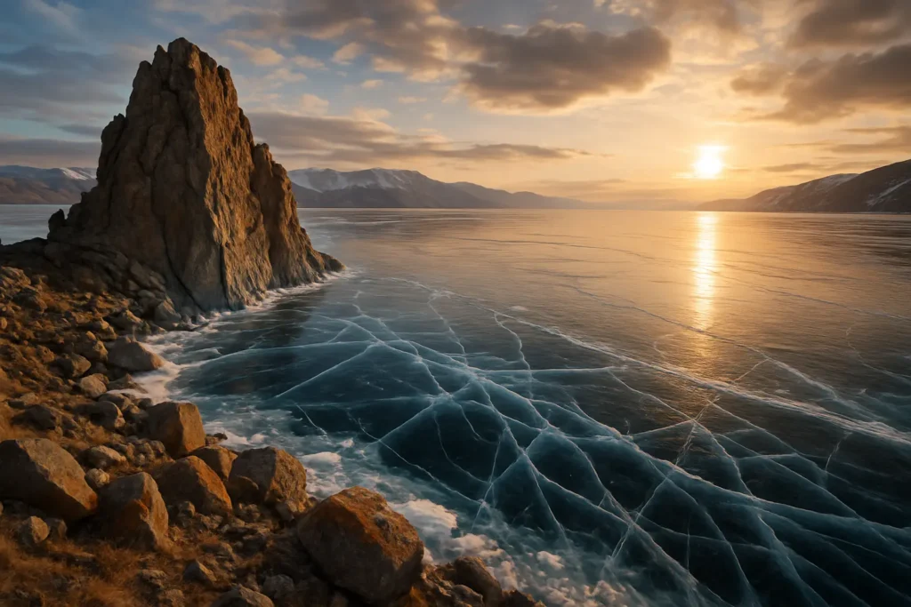 Vista hiper-realista do Lago Baikal ao pôr do sol, com rochas à beira e o gelo translúcido revelando padrões profundos, evocando mistério e beleza natural.