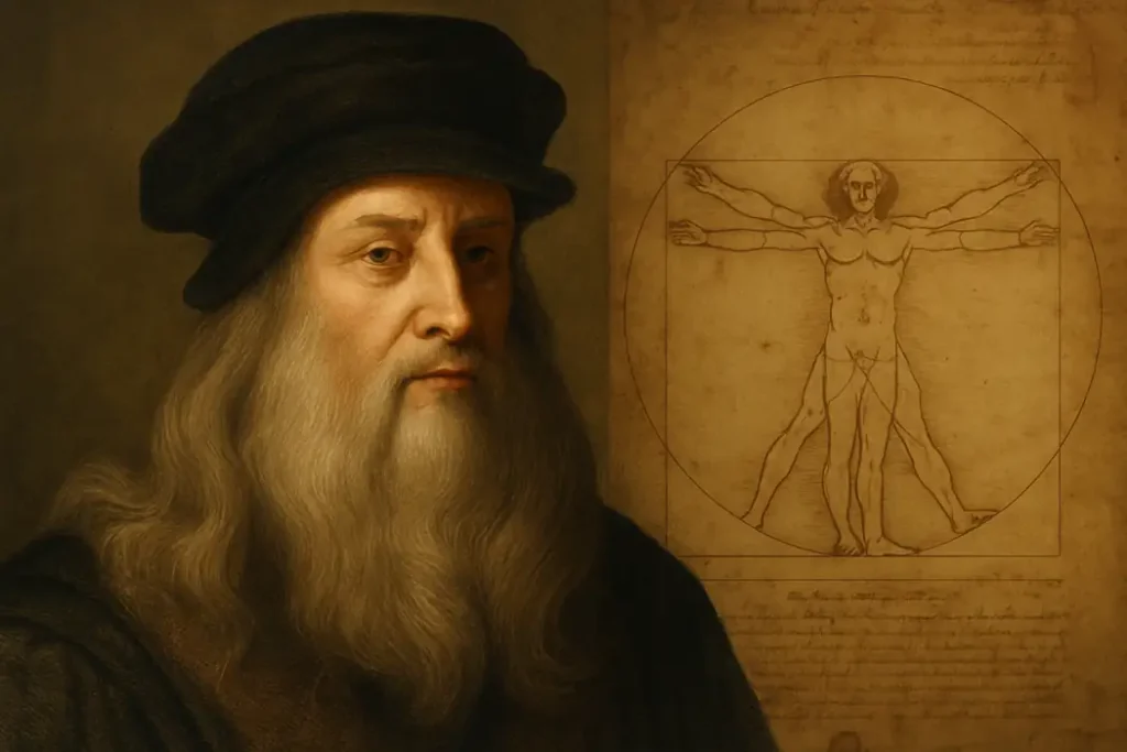 Retrato de Leonardo da Vinci com o Homem Vitruviano ao fundo, simbolizando sua busca por harmonia, proporção divina e conhecimento oculto nas artes e na ciência.