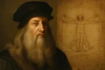 Retrato de Leonardo da Vinci com o Homem Vitruviano ao fundo, simbolizando sua busca por harmonia, proporção divina e conhecimento oculto nas artes e na ciência.