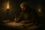 Sábio antigo escrevendo em pergaminho à luz de tochas, com inscrições aramaicas ao fundo, representando o contexto simbólico do livro de Daniel.