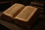Manuscrito antigo aberto sobre mesa de madeira, simbolizando o conteúdo enigmático e quase esquecido do Livro de Kolbrin.