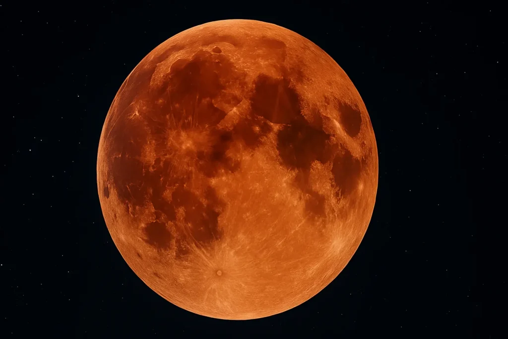 Imagem hiper-realista da Lua de Sangue de 2025 durante o eclipse total, com tonalidade vermelha intensa e céu noturno simbólico ao fundo.