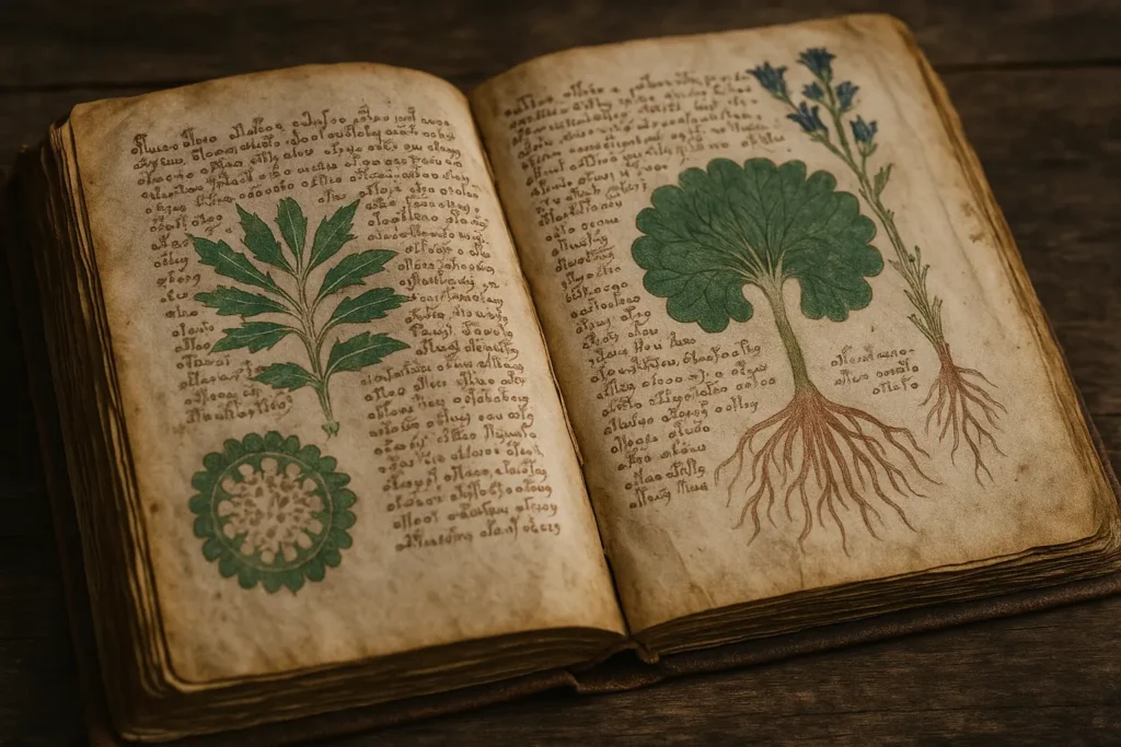 Imagem hiper-realista do Manuscrito Voynich aberto, com páginas amareladas, texto indecifrável e ilustrações botânicas misteriosas, ideal para representar manuscritos antigos enigmáticos.