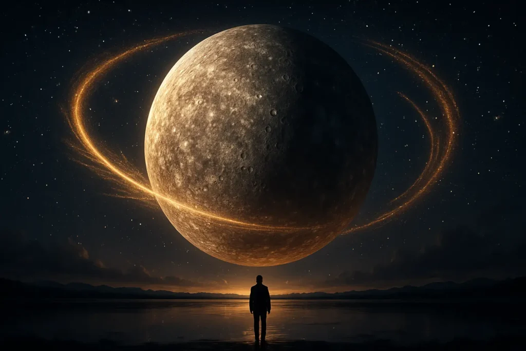 Ilustração hiper-realista de Mercúrio retrógrado em 2025, com atmosfera cósmica e tons dourados, simbolizando reflexão e reequilíbrio interior.