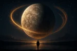 Ilustração hiper-realista de Mercúrio retrógrado em 2025, com atmosfera cósmica e tons dourados, simbolizando reflexão e reequilíbrio interior.