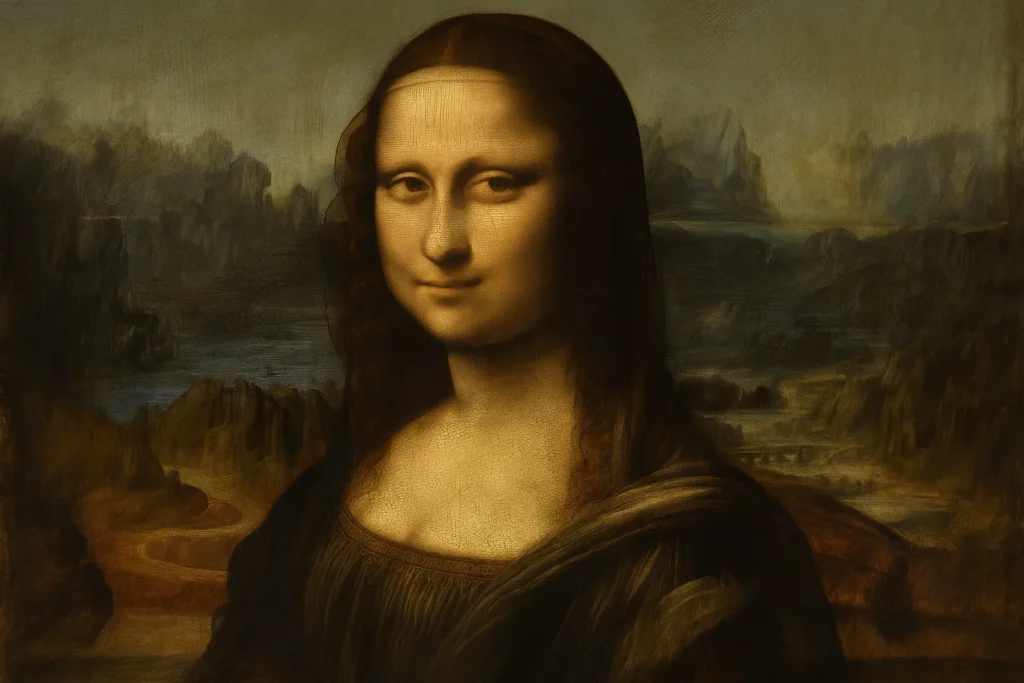 Imagem hiper-realista da Mona Lisa, com iluminação suave destacando seu olhar enigmático e sorriso sutil, criando uma aura de mistério atemporal que atravessa séculos.