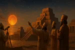 Sacerdotes mesopotâmicos observando o astro Nibiru alinhado ao horizonte sobre imponentes zigurates, sob um céu crepuscular estrelado.