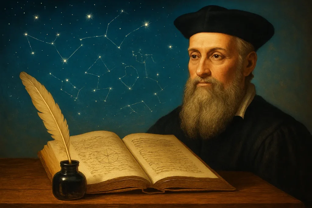 Ilustração realista de Nostradamus com livro antigo, pena e constelações ao fundo, representando suas profecias e o simbolismo astrológico.