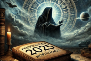 Ilustração sombria representando as profecias de Nostradamus para 2025. Símbolos enigmáticos, céu tempestuoso e um vidente analisando previsões antigas.