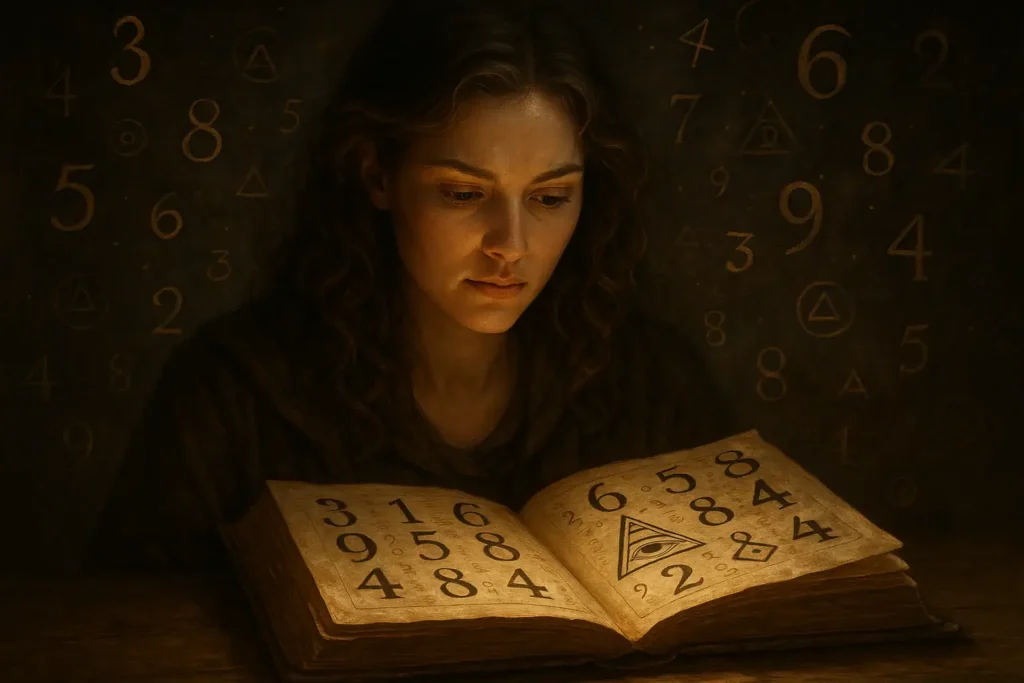 Mulher jovem observa um livro antigo com números místicos, simbolizando a conexão entre numerologia e profecia em um cenário esotérico iluminado.