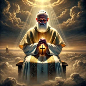 Padre Pio em um momento de visão profética, com um semblante sereno e iluminado por uma luz celestial. Ao fundo, um céu místico com nuvens douradas simboliza sua conexão divina, enquanto suas mãos erguidas em oração refletem espiritualidade e sabedoria.