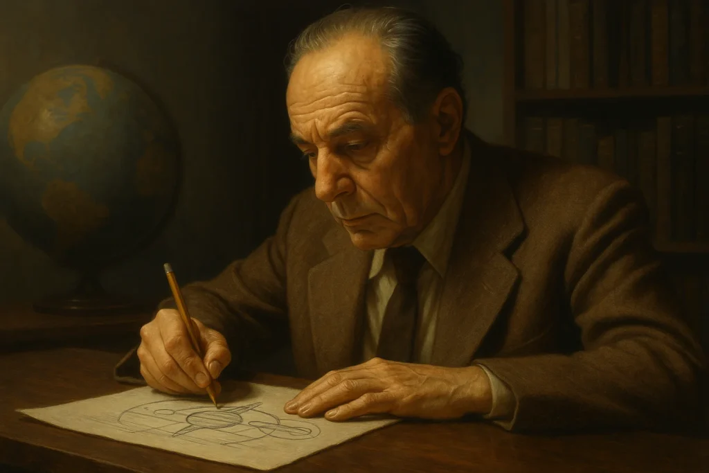 Homem idoso desenhando símbolos futuristas em papel, representando o artista Benjamín Parravicini e suas visões proféticas sobre o futuro tecnológico.
