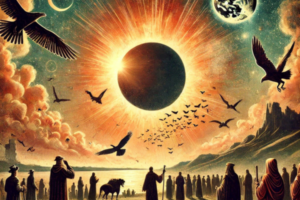 Ilustração mística representando presságios antigos e mudanças no mundo. Uma cena enigmática com eclipses, aves em voo caótico e figuras observando sinais celestes.