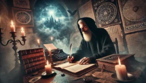 Nostradamus em seu estudo, cercado por livros antigos, velas e mapas astrológicos, escrevendo uma profecia com expressão enigmática. Ao fundo, uma visão sombria de uma cidade futurista emerge entre névoas místicas, simbolizando uma previsão revelada.