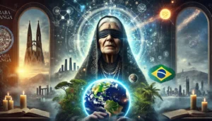 Representação mística de Baba Vanga em um ambiente sombrio, envolta em uma aura etérea. Ao fundo, visões do futuro incluem a floresta amazônica, uma cidade futurista e um fenômeno celestial, simbolizando suas previsões para o Brasil e a América Latina.