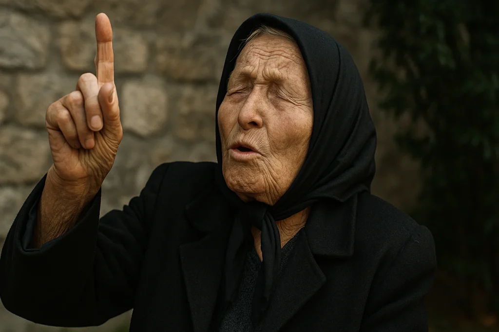 Idosa com expressão intensa apontando para o céu, representando Baba Vanga em momento profético, com fundo natural desfocado.