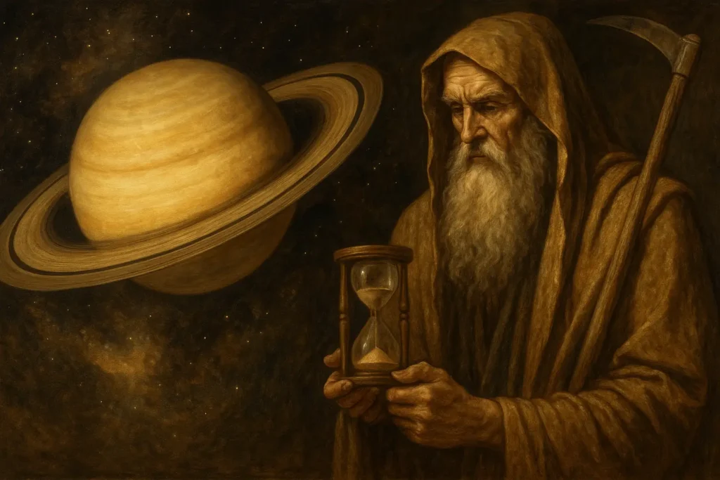 Imagem simbólica de Saturno e Cronos representando o tempo e os ciclos na mitologia antiga, com ampulheta, foice e atmosfera cósmica ao fundo.