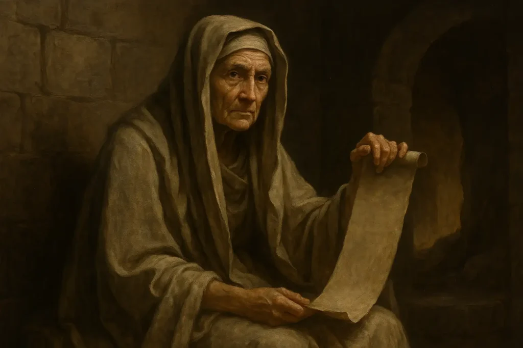 Representação hiper-realista da Sibila de Cumas em sua caverna profética, simbolizando sabedoria ancestral e renovação.