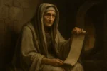 Representação hiper-realista da Sibila de Cumas em sua caverna profética, simbolizando sabedoria ancestral e renovação.