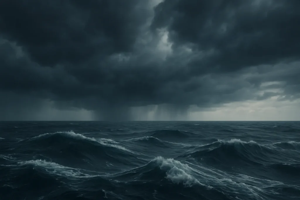 Imagem hiper-realista do Triângulo das Bermudas com mar agitado e nuvens escuras, representando o mistério e os fenômenos naturais associados à região.