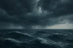 Imagem hiper-realista do Triângulo das Bermudas com mar agitado e nuvens escuras, representando o mistério e os fenômenos naturais associados à região.