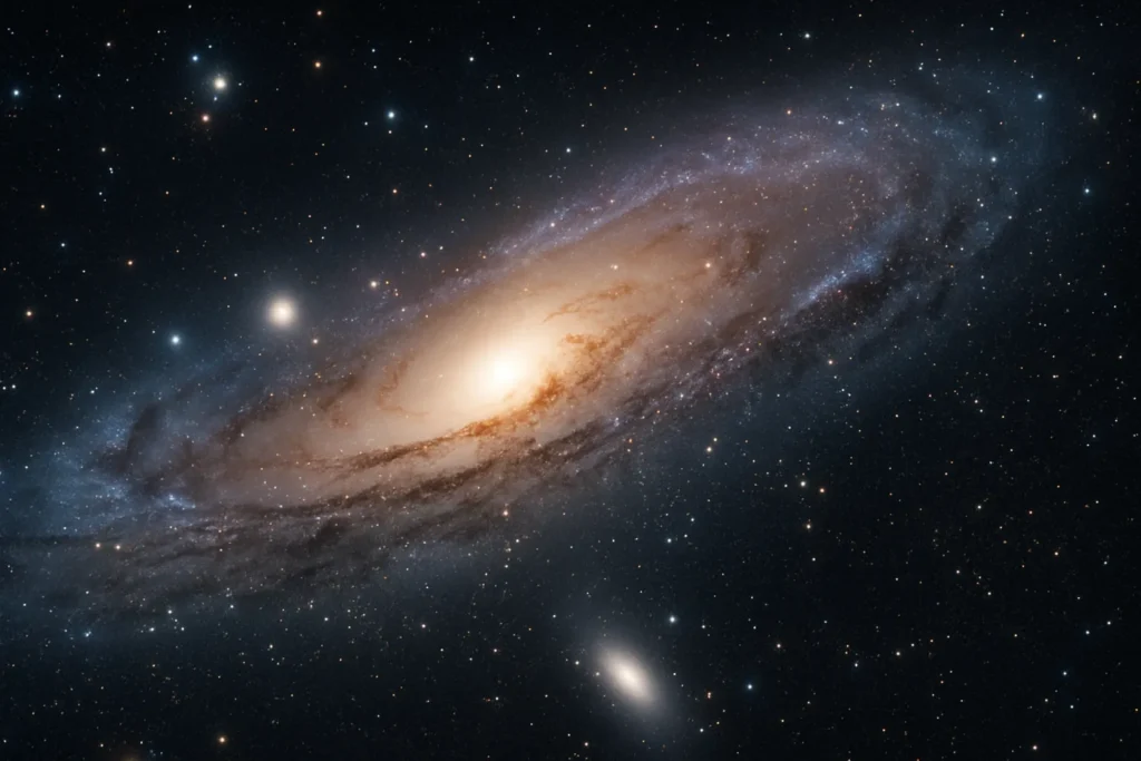 Galáxia de Andrômeda em alta definição no céu estrelado, símbolo de ciclos cósmicos e profecias espirituais sobre transformação da consciência.