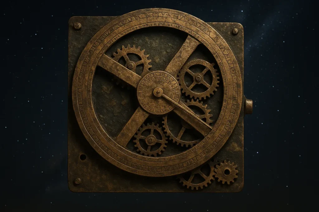Computador antigo grego Antikythera com engrenagens expostas simulando o movimento do cosmos.