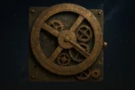 Computador antigo grego Antikythera com engrenagens expostas simulando o movimento do cosmos.