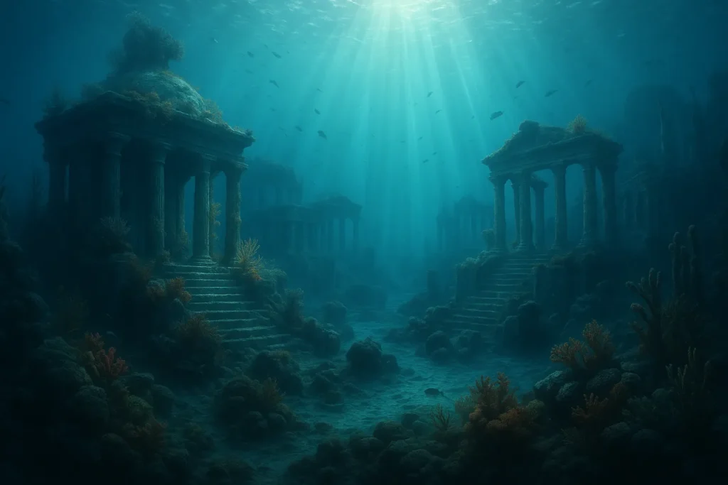 Ruínas submersas da Atlântida iluminadas por raios de luz sob o mar, representando o mistério da civilização perdida e seu simbolismo espiritual.