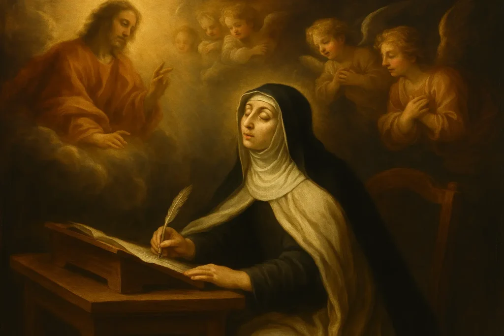 Catarina de Siena em visão mística ditando suas reflexões espirituais guiadas por figuras celestiais.