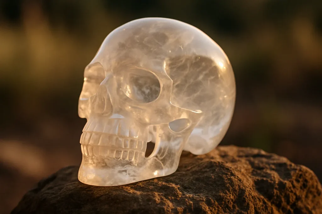 Caveira de cristal realista sobre pedra, iluminada por luz suave, representando mistério espiritual e sabedoria ancestral.