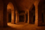 Caverna subterrânea com colunas esculpidas em pedra e iluminação suave, representando as galerias de Longyou na China.